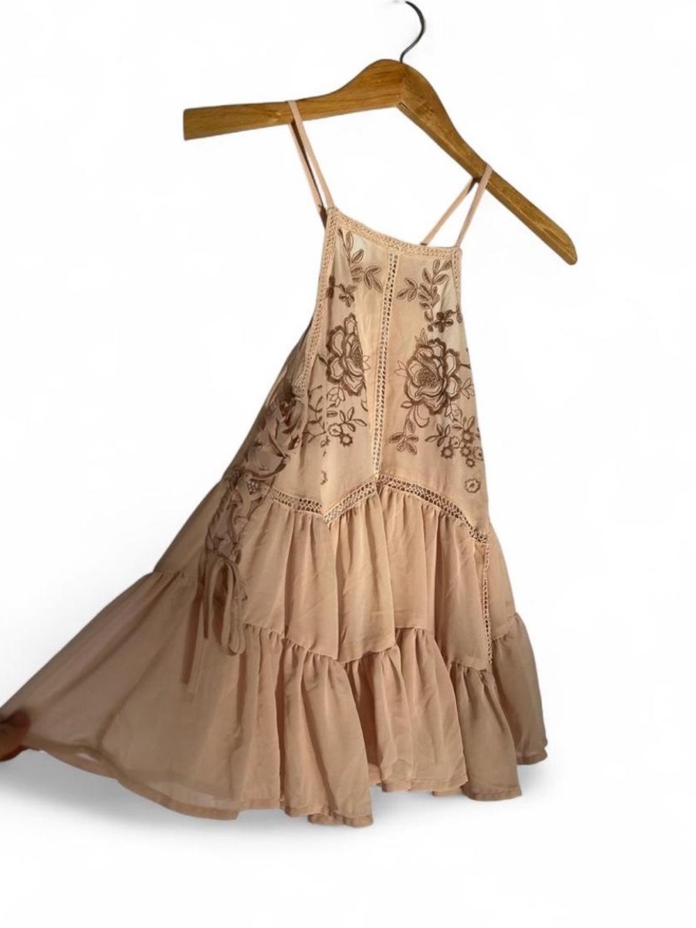 Flowy Boho Embroidered Sleeveless Babydoll Blouse Top Blush Pink Floral Lace S - Picture 2 of 6